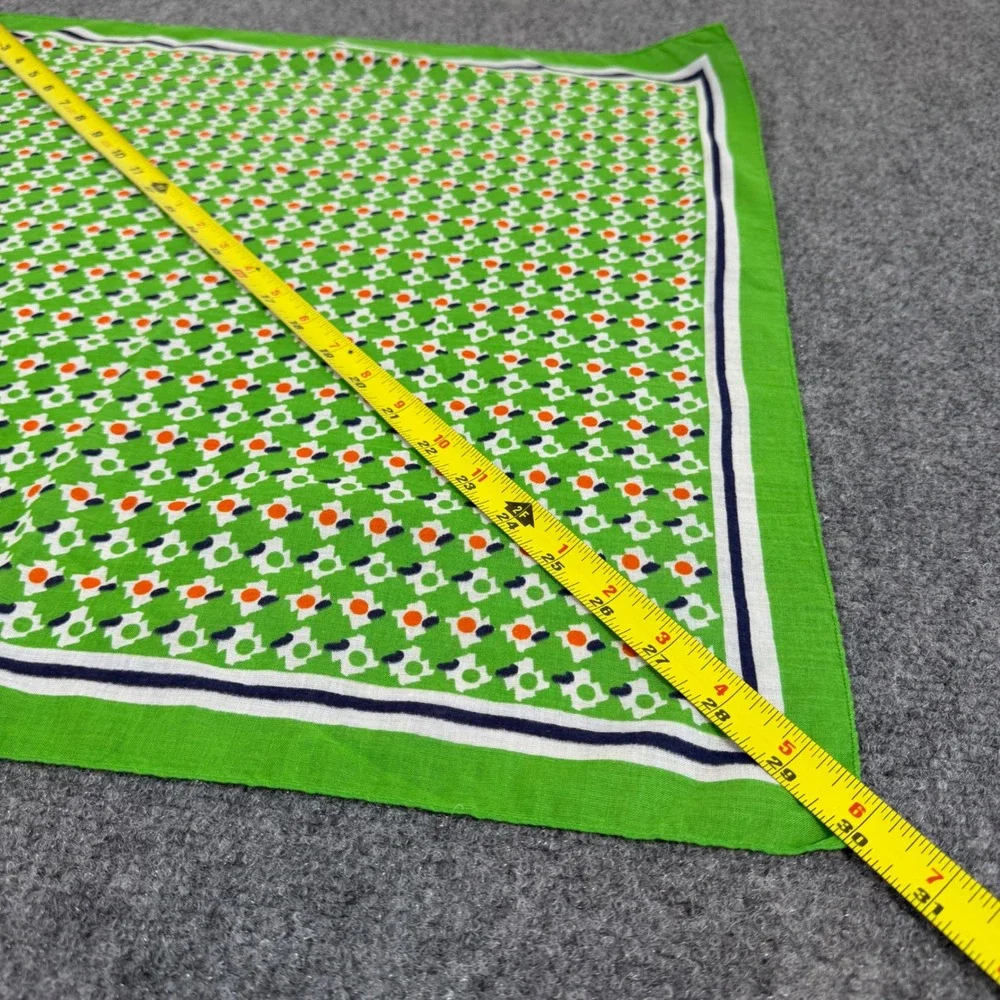 Vintage French Cotton Scarf Green Orange Geometric Floral Print Bandana 21x21
